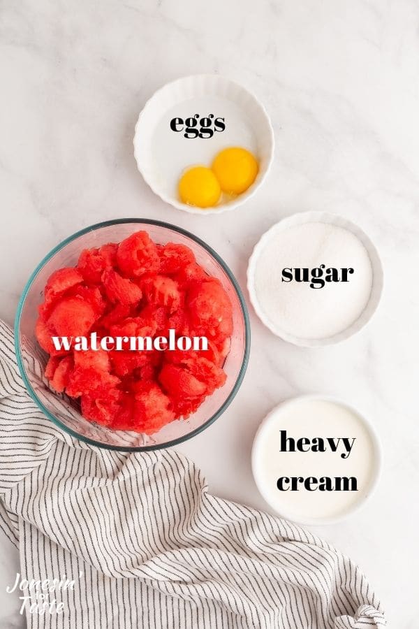 4 bowls with various ingredients in them on a white background, ingredients shown are watermelon, eggs, sugar, and heavy cream