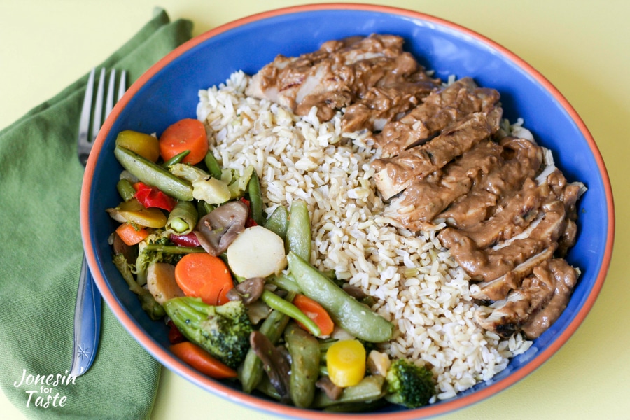 Thai Style Peanut Sauce Chicken with Rice and Veggie Bowl