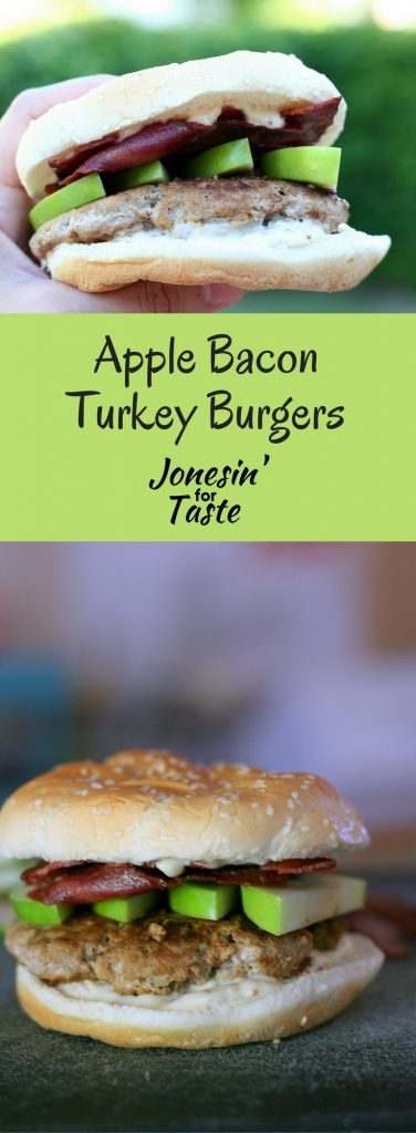 Apple Bacon Turkey burgers are a lighter option made with ground turkey and topped with turkey bacon, green apple slices, and a honey mustard spread.