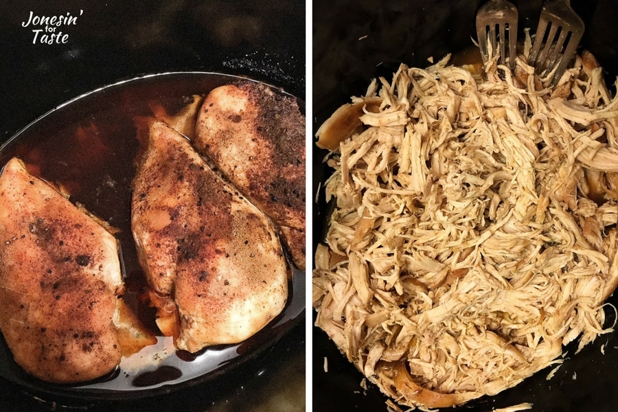 A split picture showing cooked chicken breasts in a slow cooker on the left and shredded chicken in a slow cooker on the right.