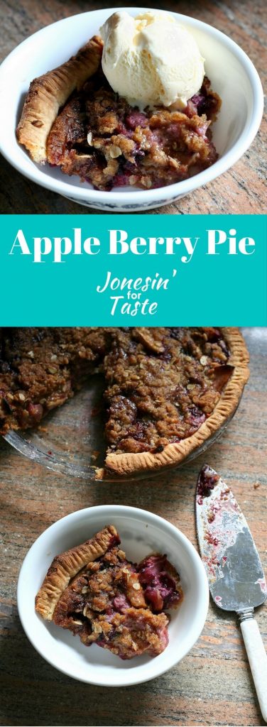 Oatmeal crumble topping, apples, and frozen berries combine for a flavorful pie perfect for any gathering.
