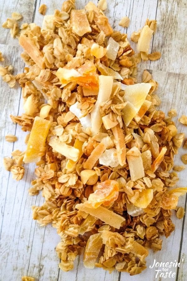 Tropical granola filled with coconut, macadamia nuts, pineapple, mango, and mandarin oranges.