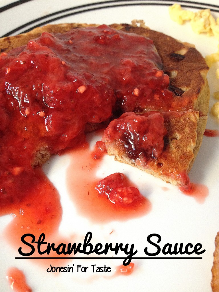 Strawberry sauce as a topping for pancakes.