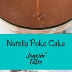 This Nutella Poke Cake dresses up a chocolate cake mix with a nutella glaze, cool whip, and chocolate chips for a cake that is wonderfully moist and flavorful.
