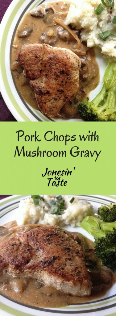 Pork chops with mushroom gravy is an easy comfort food recipe with an easy homemade gravy made with a surprise ingredient, Greek yogurt.