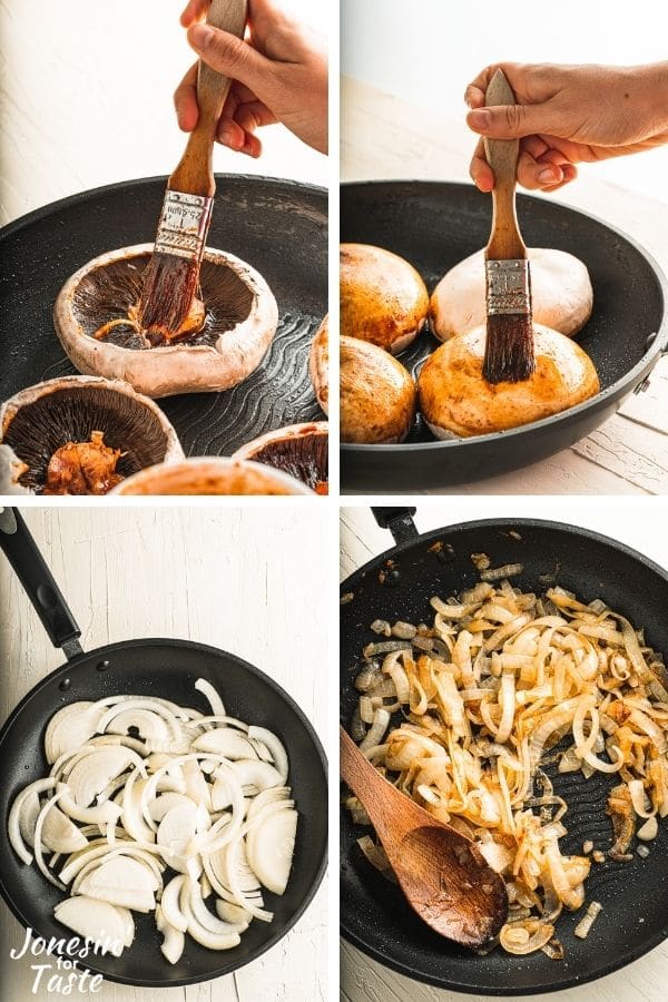 a 4 photo collage showing how to prep the mushrooms and the onions