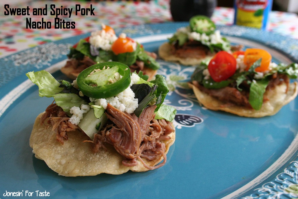 Crispy corn tortillas topped with slow cooked sweet pork, lettuce, queso fresco, chopped tomatoes, and jalapenos.