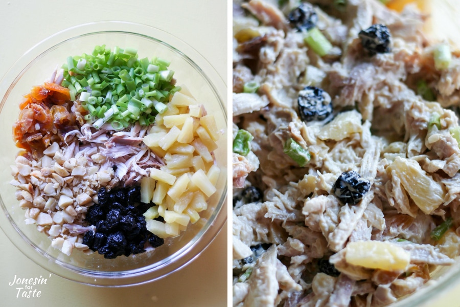 A collage showing the before and after of mixing the chicken salad.