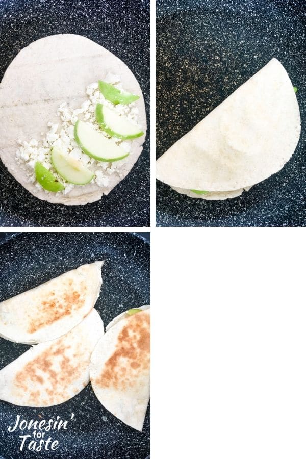 showing steps to make the quesadilla