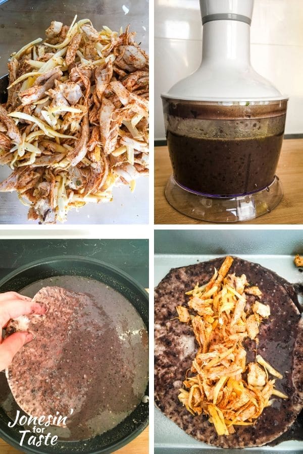 collage showing steps to make chicken filling and black bean sauce