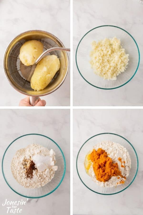 a photo collage showing the first 4 steps to making the pumpkin gnocchi