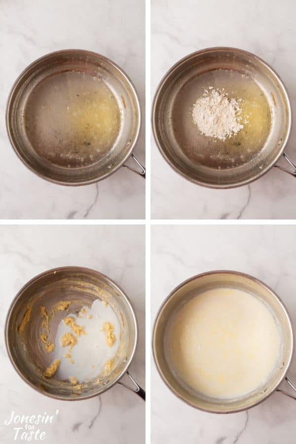 a 4 photo collage showing the first 4 steps to making the cream sauce