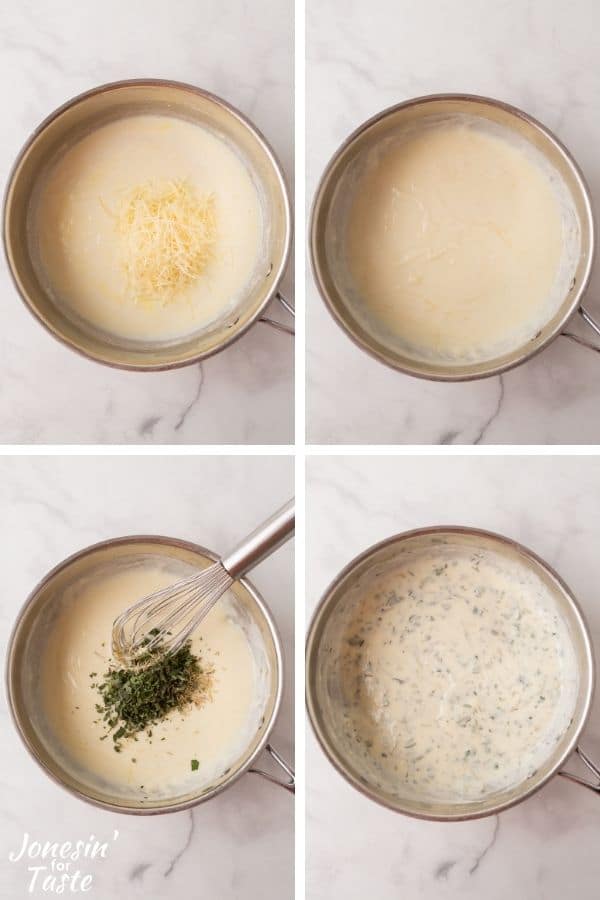 another 4 photo collage showing the final steps to make the Parmesan cream sauce