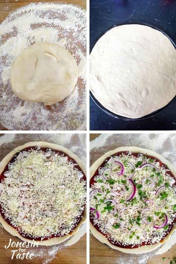 showing the steps to make the pizza