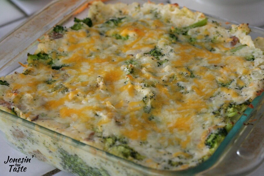 A glass casserole dish of Cheesy Ranch Potato Broccoli Bake