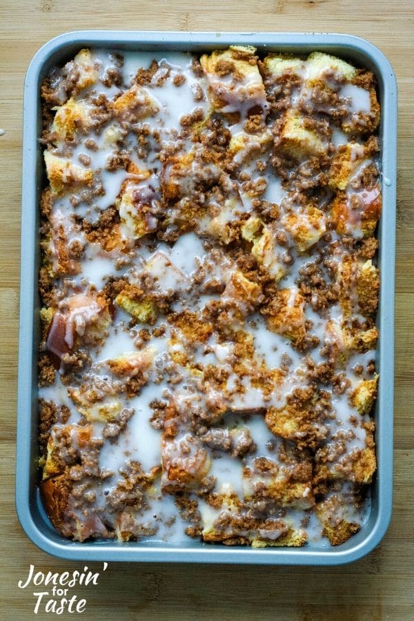 Cinnamon Roll French Toast Bake is a quick and easy version of your favorite cinnamon rolls. No rolling or filling, just mix and bake. Make it the night before and pop it in the oven in the morning for a sweet way to start the weekend.