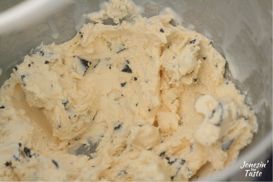 showing ice cream softened in a stand mixer bowl