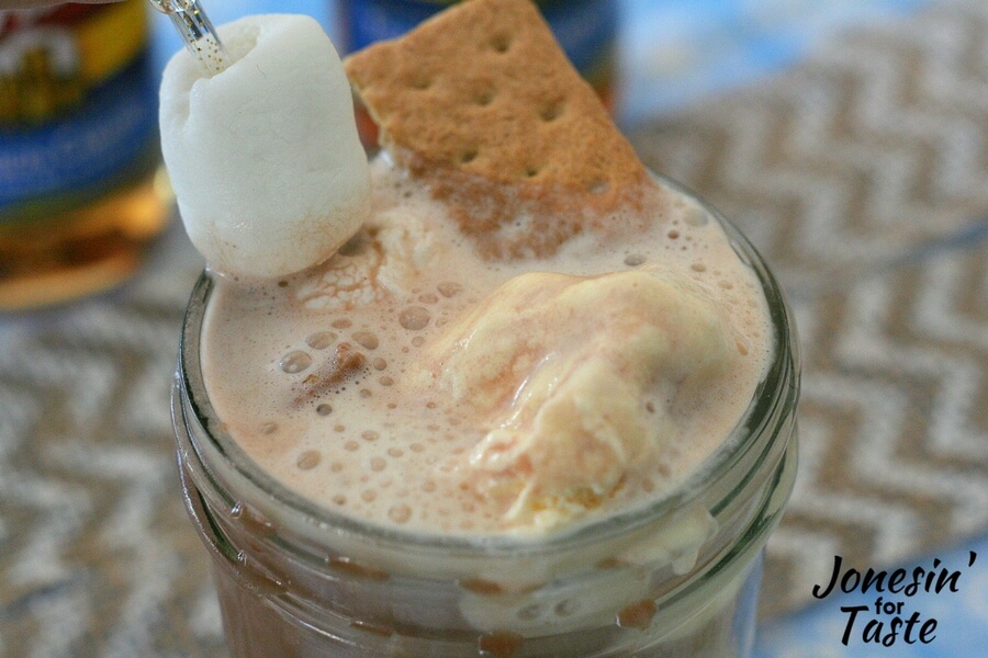 the top of a smores hot chocolate float with floating ice cream, a graham cracker and a marshmallow on a stick