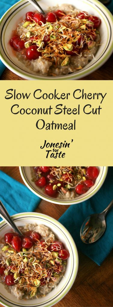 Slow Cooker Cherry Coconut Steel Cut Oatmeal is a different oatmeal & easy overnight breakfast dish topped with cherries, toasted coconut, and pistachios.