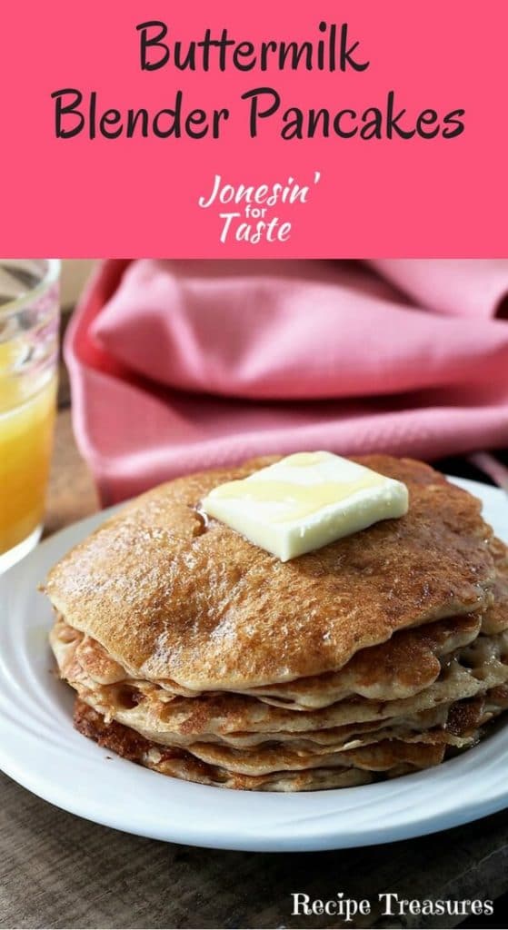 A stack of Buttermilk Blender Pancakes on a plate with a pat of butter on top.