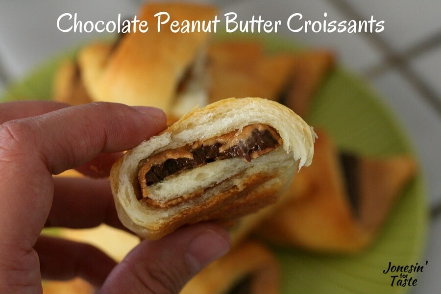 The chocolate and peanut butter center of a cooked croissant half.