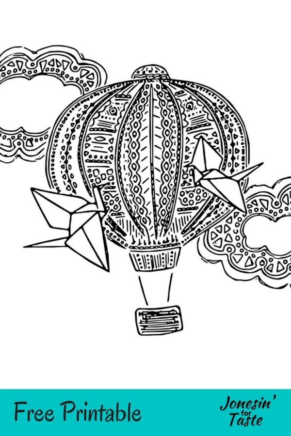 A picture of a hot air balloon coloring page with a free printable banner at the bottom