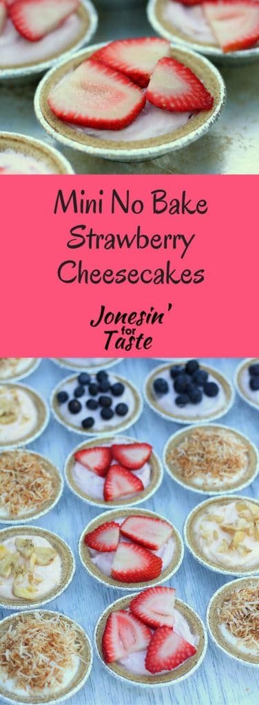 Made with yogurt and cream cheese, these 4-ingredient No Bake Cheesecakes are healthier and perfectly portioned mini pies. #jonesinfortaste #nobakedesserts