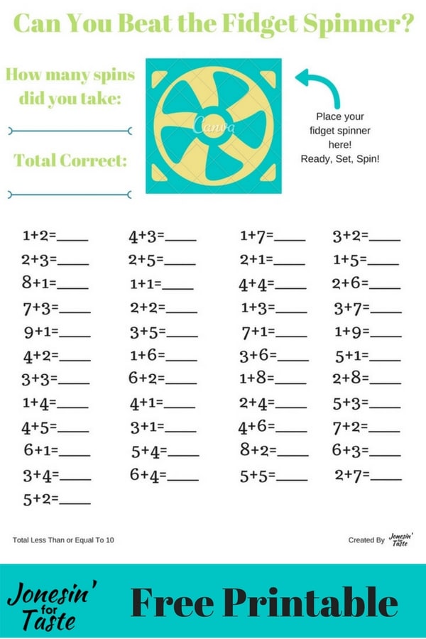 A timed math worksheet for addition using a fidget spinner as a timer