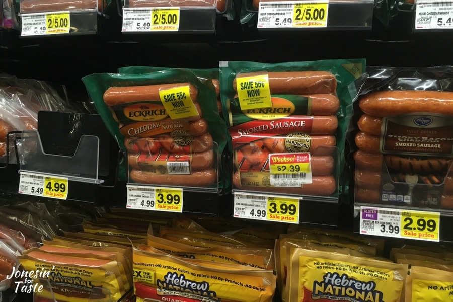 Packages of smoked sausage in the store
