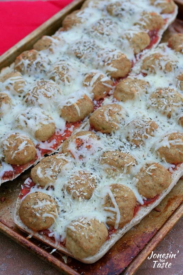 Meatball Sub French Bread Pizza on a cookie sheet.