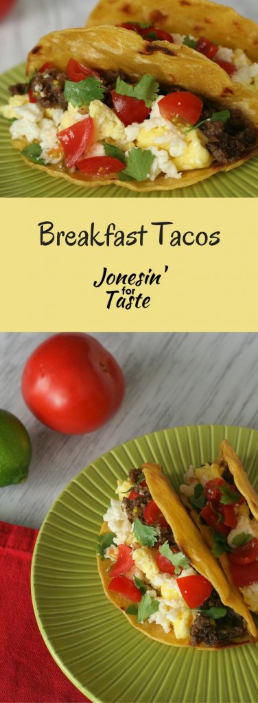 Change up breakfast with these easy Breakfast Tacos made with fried corn tortillas filled with ground sausage, eggs, queso fresco, and fresh cilantro.