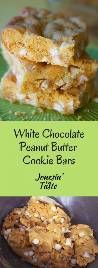 Easy White Chocolate Peanut Butter Cookie Bars use a cake mix base and creamy peanut butter and are chock full of white chocolate chips.