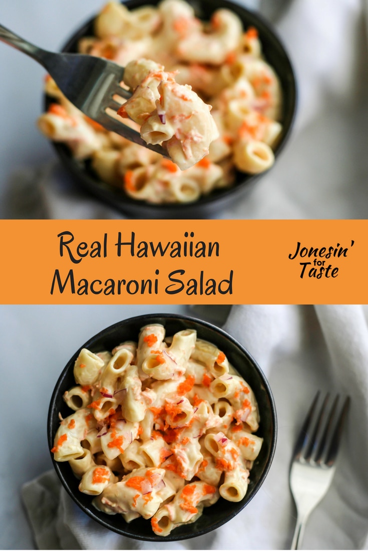 Hawaiian Macaroni Salad is perfect for any luau, potluck, or Hawaiian plate lunch craving when paired with sticky rice, kalua pork, and spam musubi. #jonesinfortaste #bbqweek #hawaiianplatelunch #hawaiianfood #hawaiian