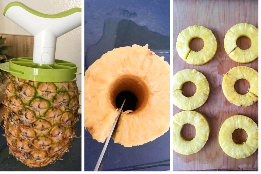 Showing the steps to core and slice fresh pineapple