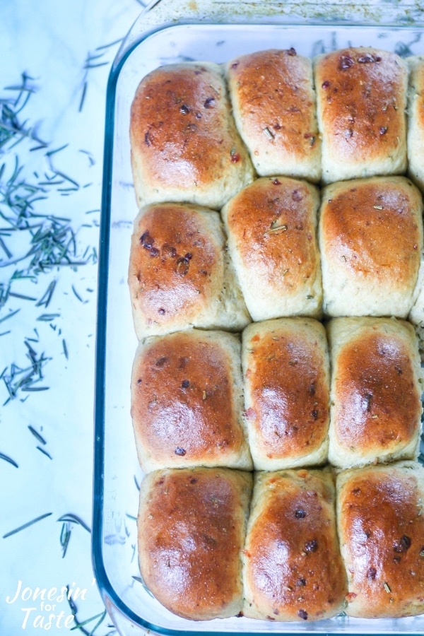 Rows of baked parmesan rosemary rolls