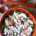 This easy salad is big on flavor with tart apples, salty bacon, and savory goat cheese with mixed greens and a simple homemade honey mustard dressing. #jonesinfortaste #appleweek #saladrecipe #easyrecipes