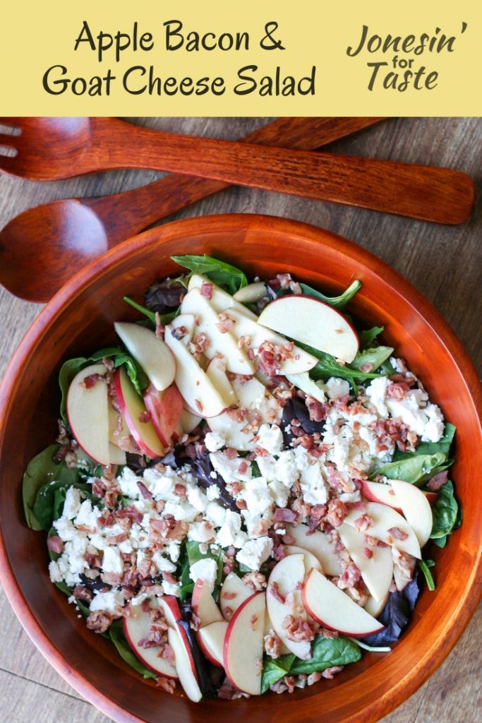 This easy salad is big on flavor with tart apples, salty bacon, and savory goat cheese with mixed greens and a simple homemade honey mustard dressing. #jonesinfortaste #appleweek #saladrecipe #easyrecipes