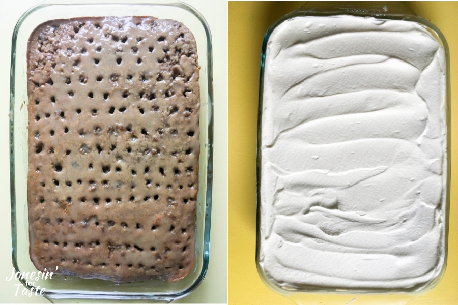 Collage of the cake poked with glaze and then topped with whipped cream