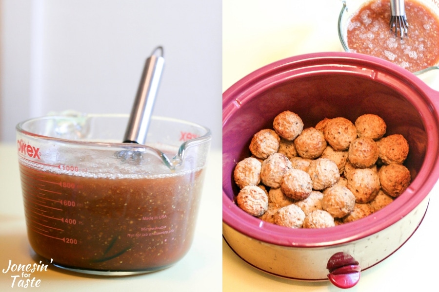 A collage of the bbq sauce and meatballs in a slow cooker