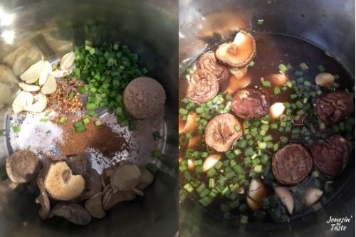 Collage of spices in the instant pot and then the instant pot filled with the rest of the soup ingredients.