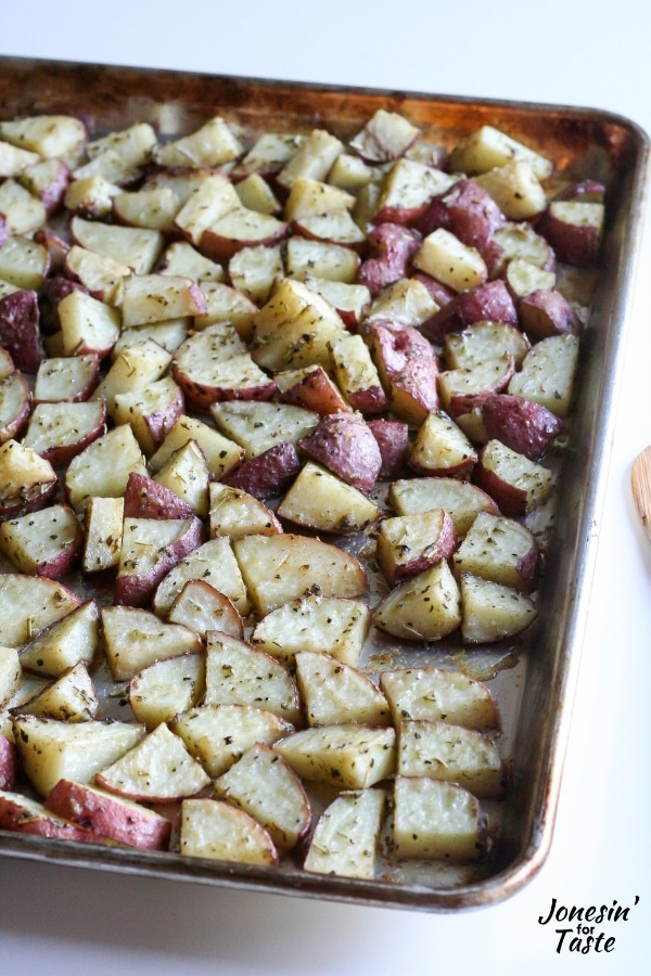 Oven roasted potatoes on a cookie sheet