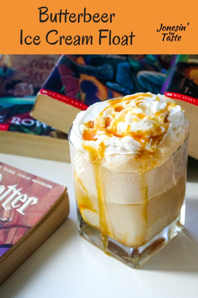 a butterbeer ice cream float next to harry potter books