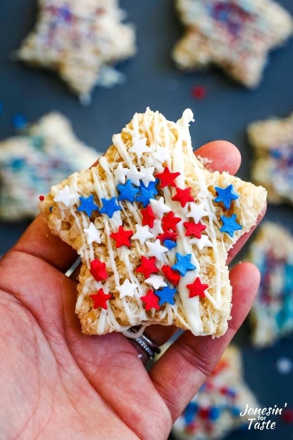 star rice krispie treat decorated with red white and blue star sprinkles