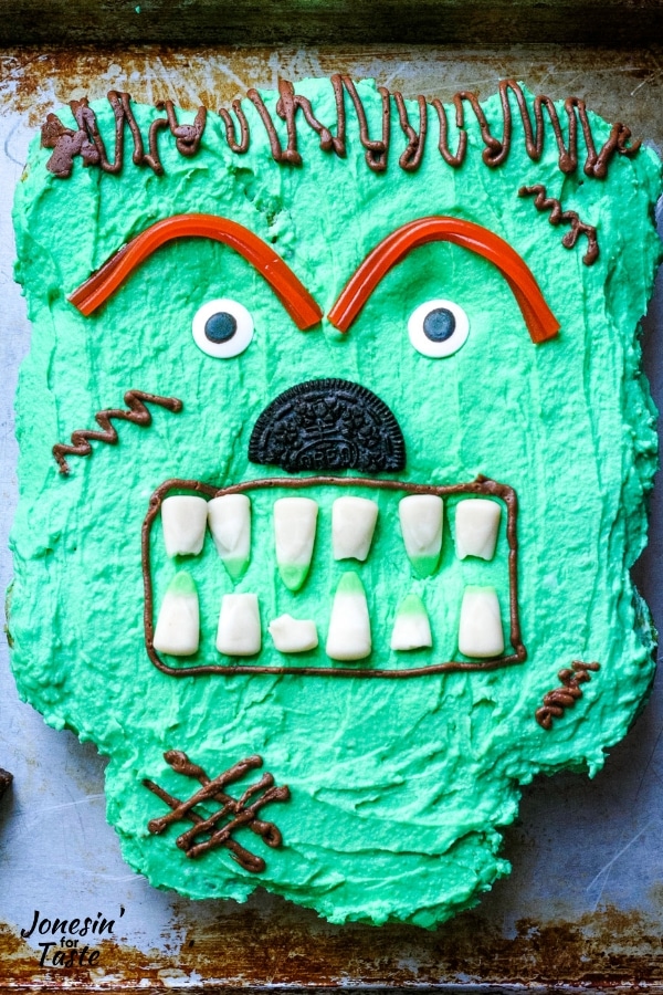 A Frankenstein cupcake cake on a cookie sheet