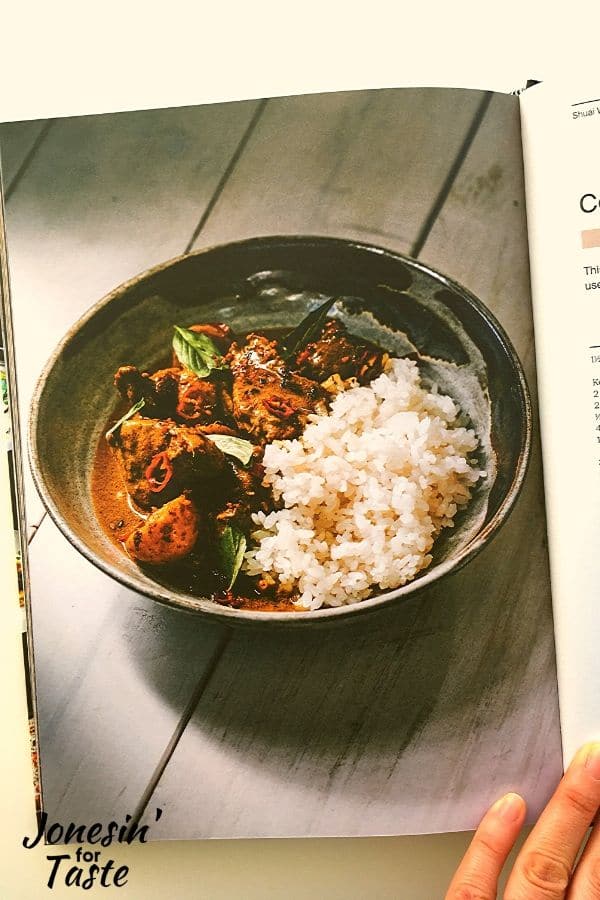 a page of the cookbook showing a bowl of curry and rice