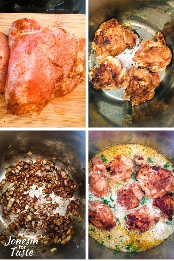 Showing the steps to make the instant pot chicken and rice