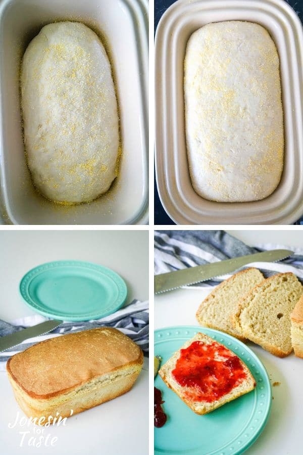 a collage showing steps to making the bread loaf and sliced pieces of the bread