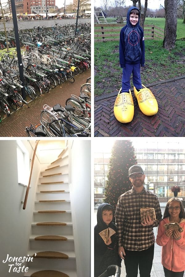 collage with bikes, a boy in giant clogs, 3 people holding stroopwafels, and steep Dutch stairs