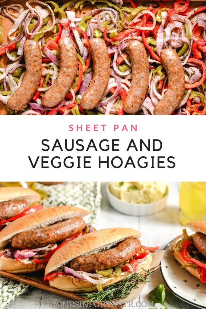 collage of sausages and veggies on a cookie sheet with text graphic in the center