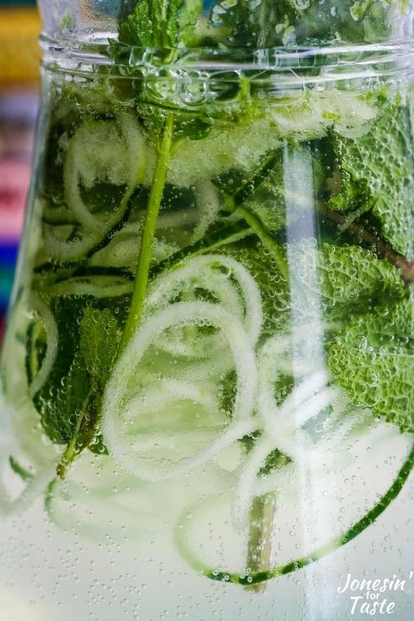 cucumber noodles and mint leaves floating in sparkling water